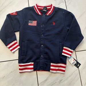 NWT USPA Kids Knit Bomber Jacket Size 7 Navy Blue Snaps Americana Cozy